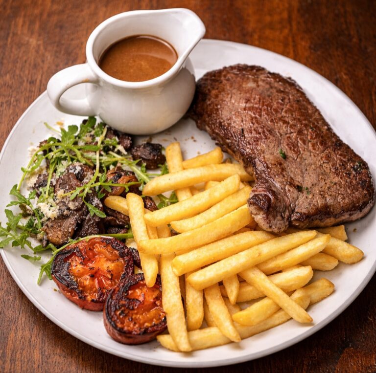 Steak with fries, salad and a jug of sauce