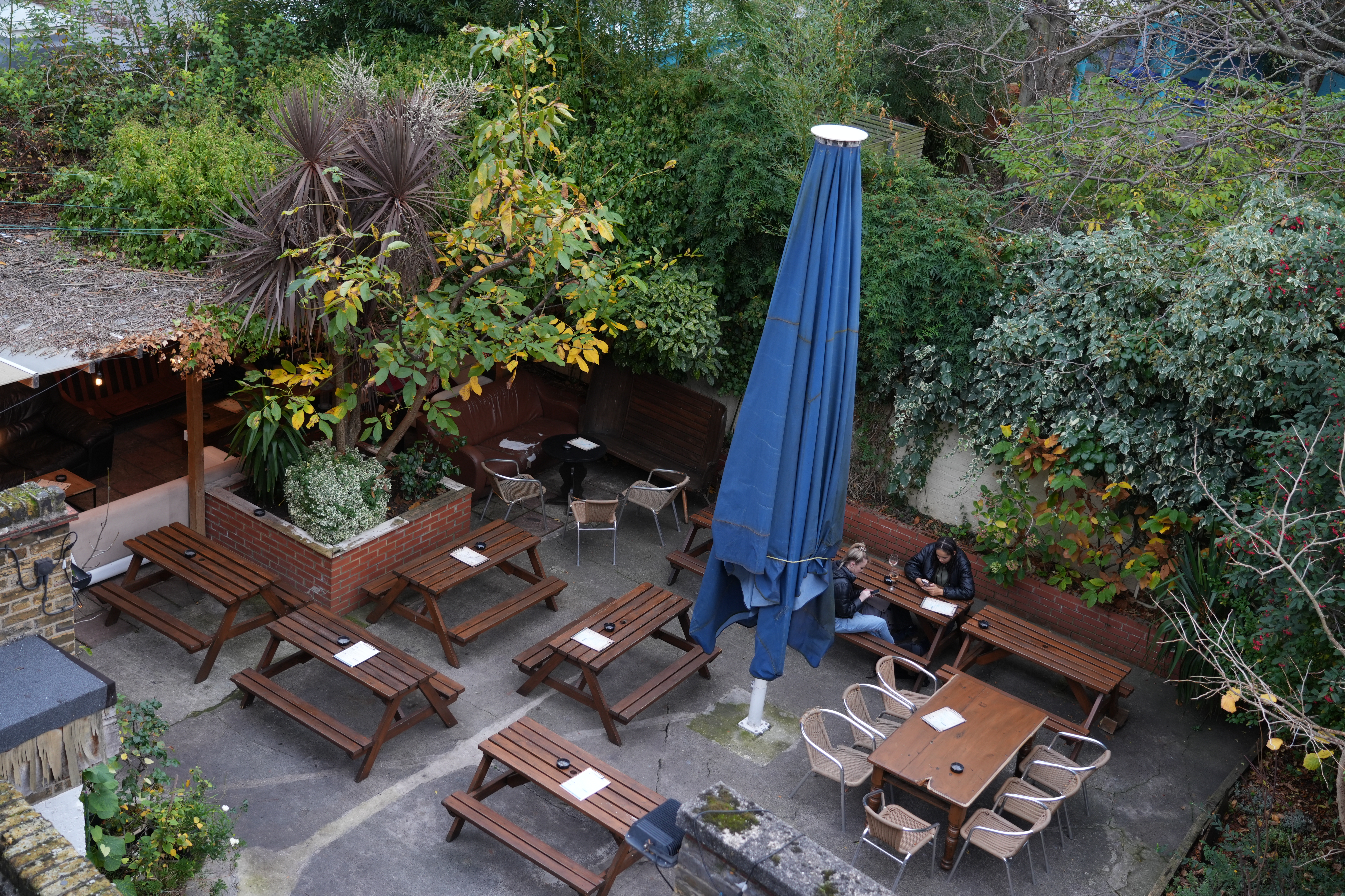 Seating in the beer garden at The Stag's Head