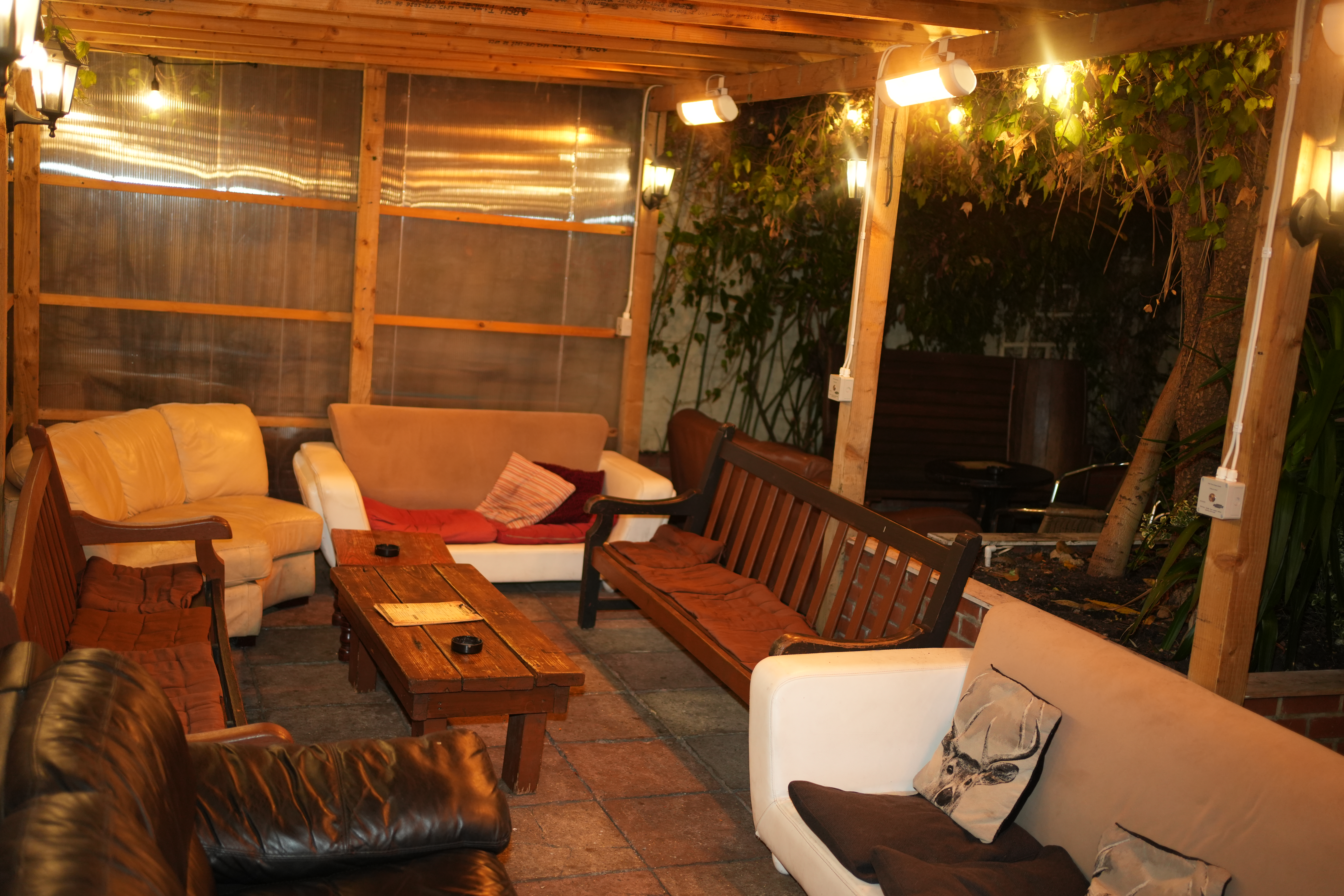 Covered seating in the beer garden at The Stag's Head