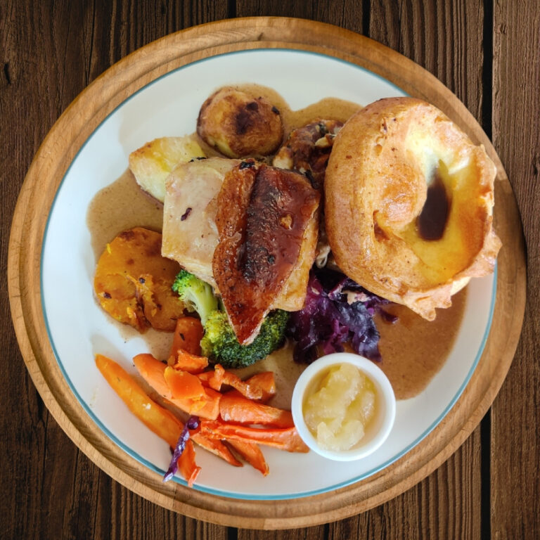 Slow-roasted pork belly Sunday roast at The Stag’s Head