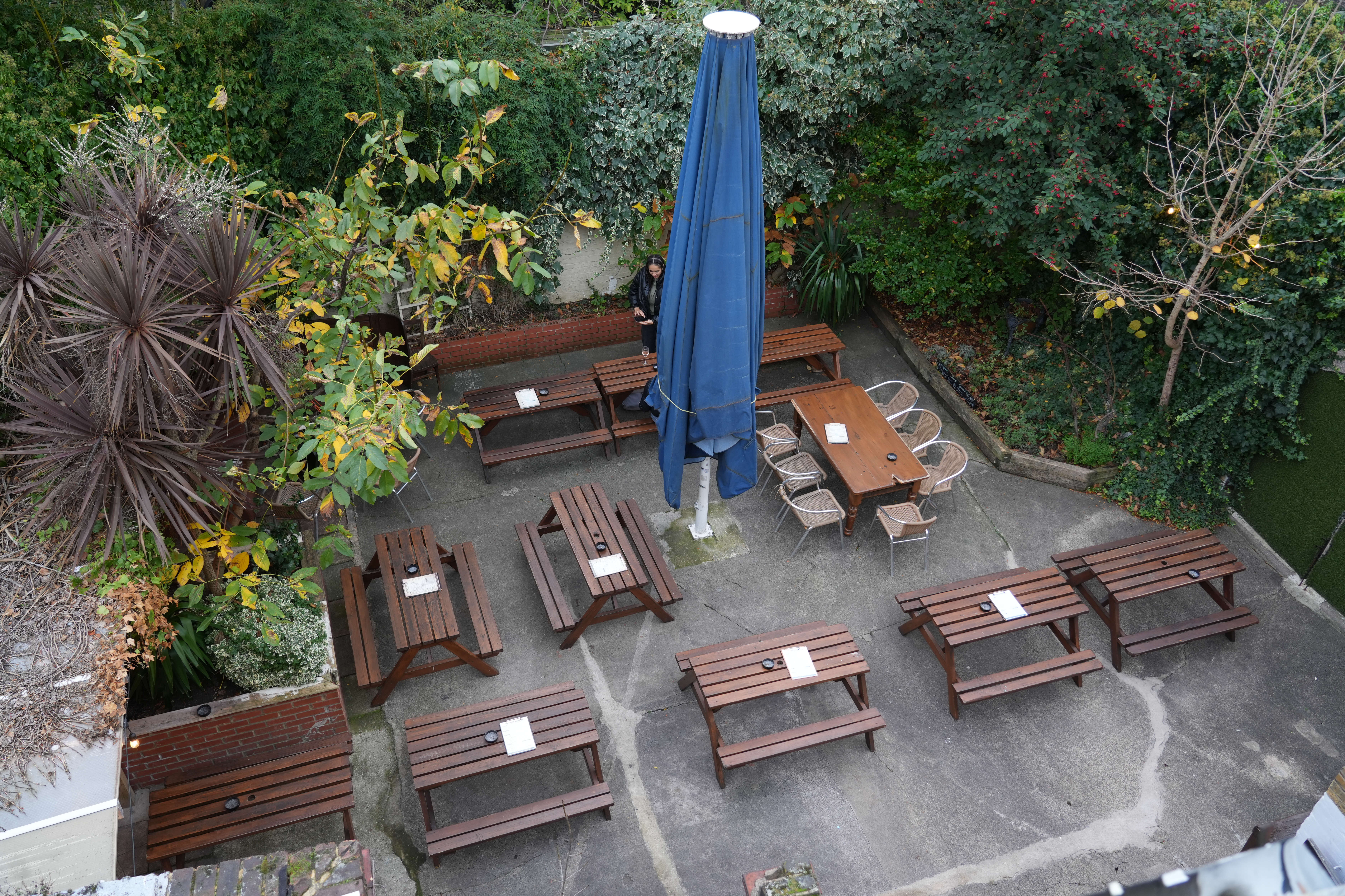 Aerial view of the beer garden at The Stag's Head