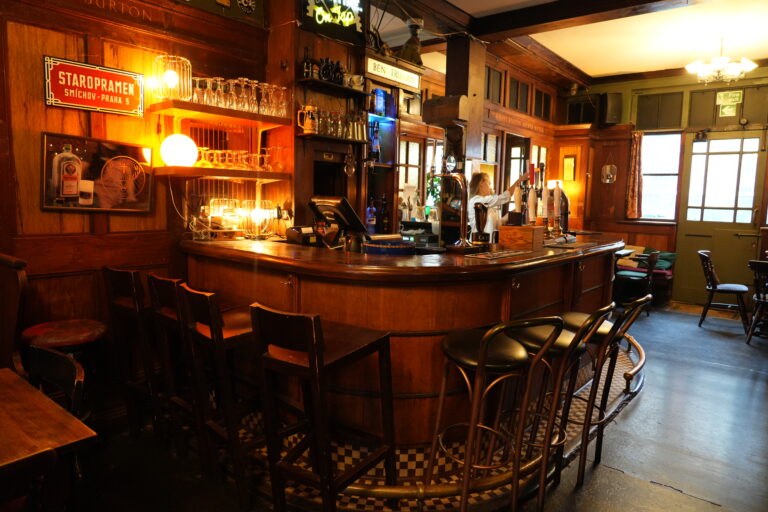 The wood-panelled bar at The Stag’s Head