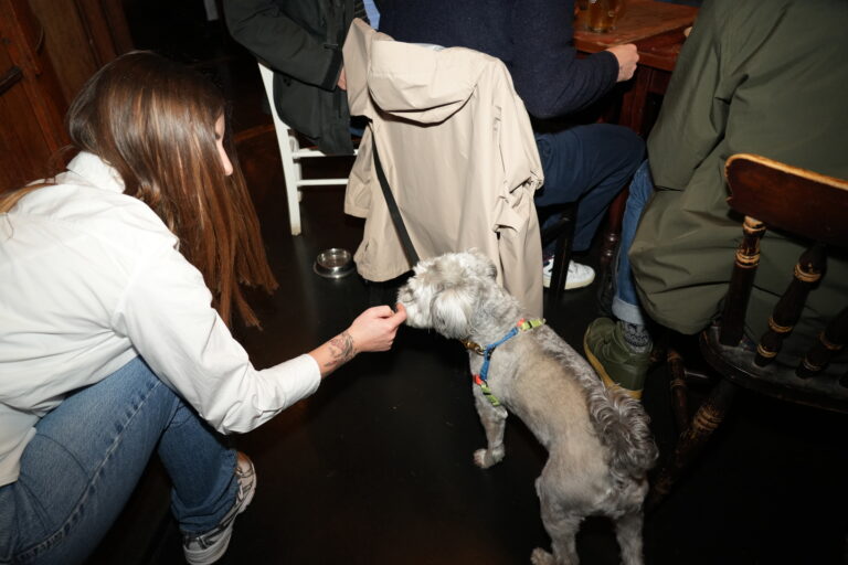 A guest greeting a dog in the pub