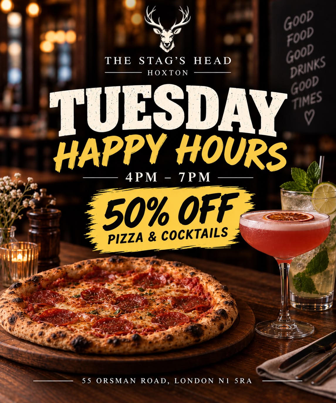 Tuesday happy hour: 50% off pizza and cocktails from 4pm to 7pm