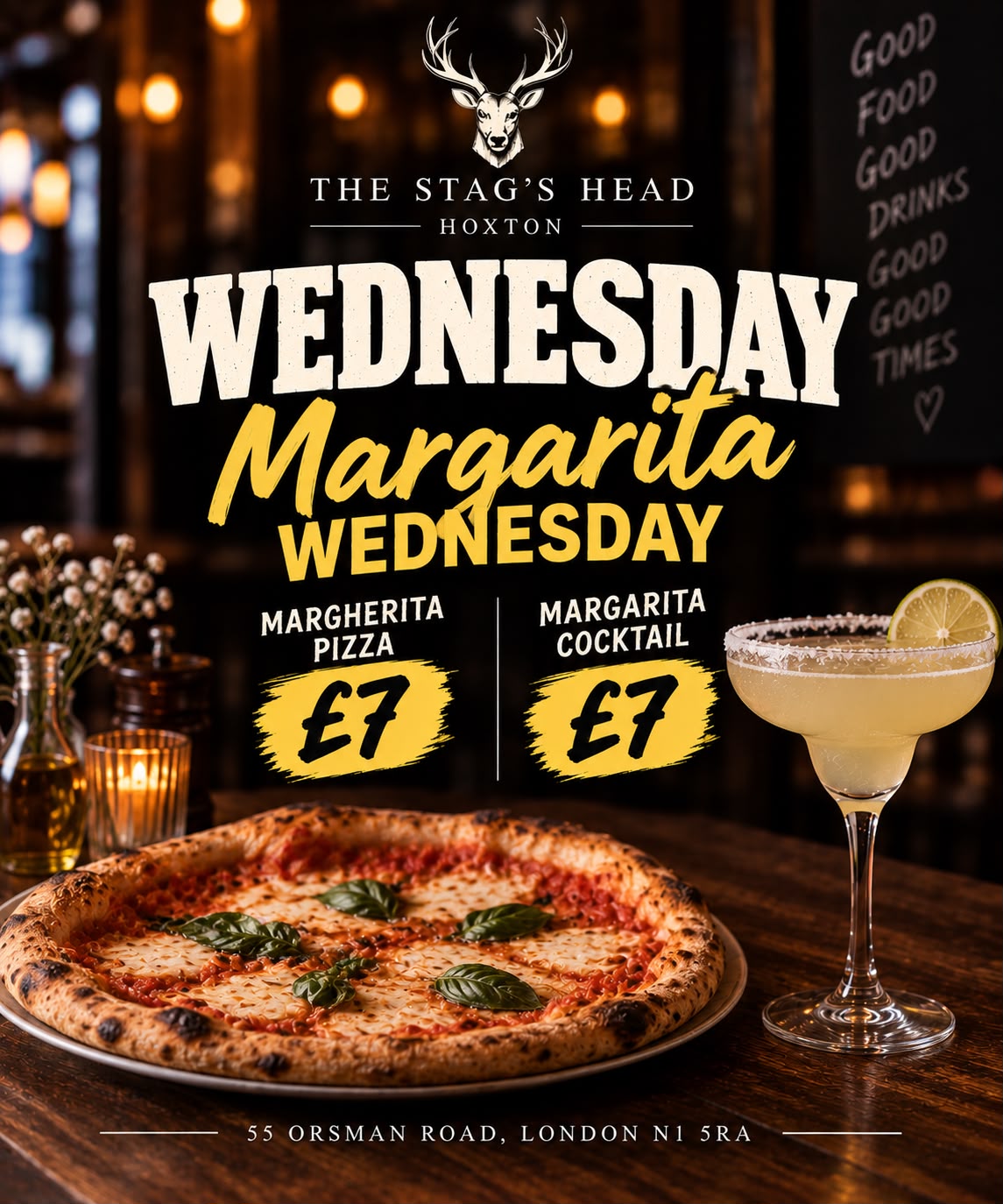Wednesday Margherita pizza or Margarita cocktail for £7