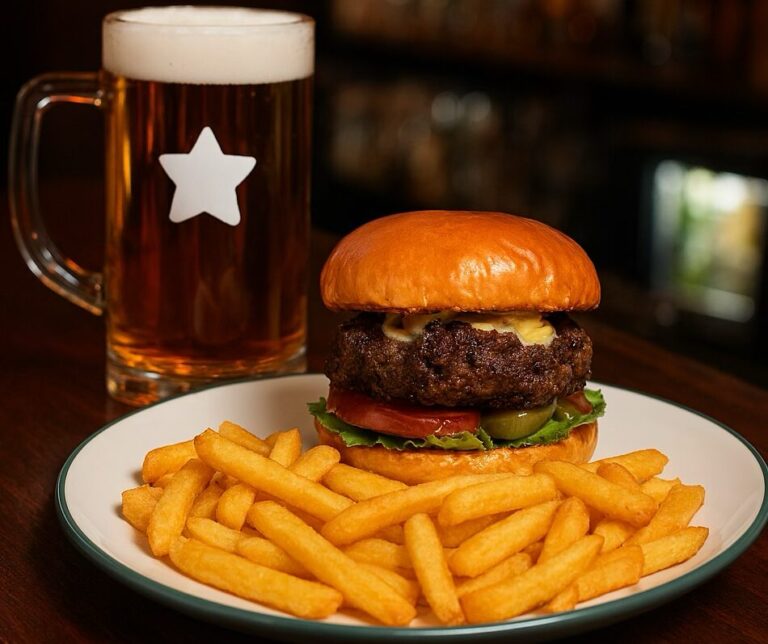 Burger and fries with a pint at The Stag’s Head